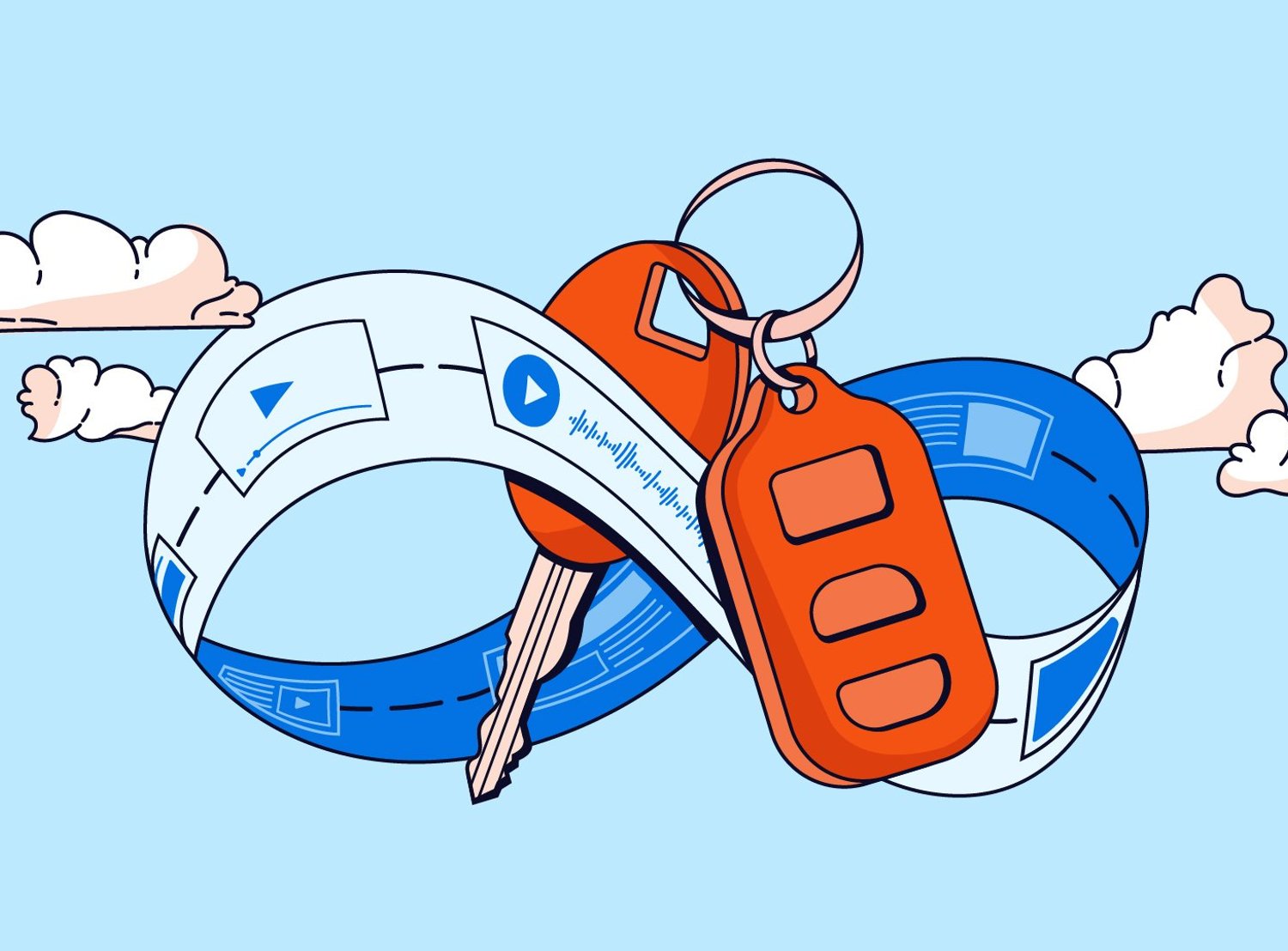 Bluue graphic of a set of orange keys floating in the clouds with a banner wrapped around it