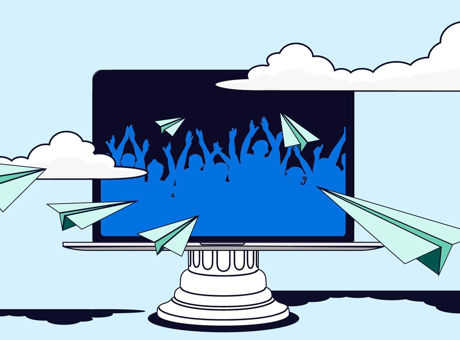 Blue graphic of people cheering on a computer screen, in the clouds with paper airplanes going towards it