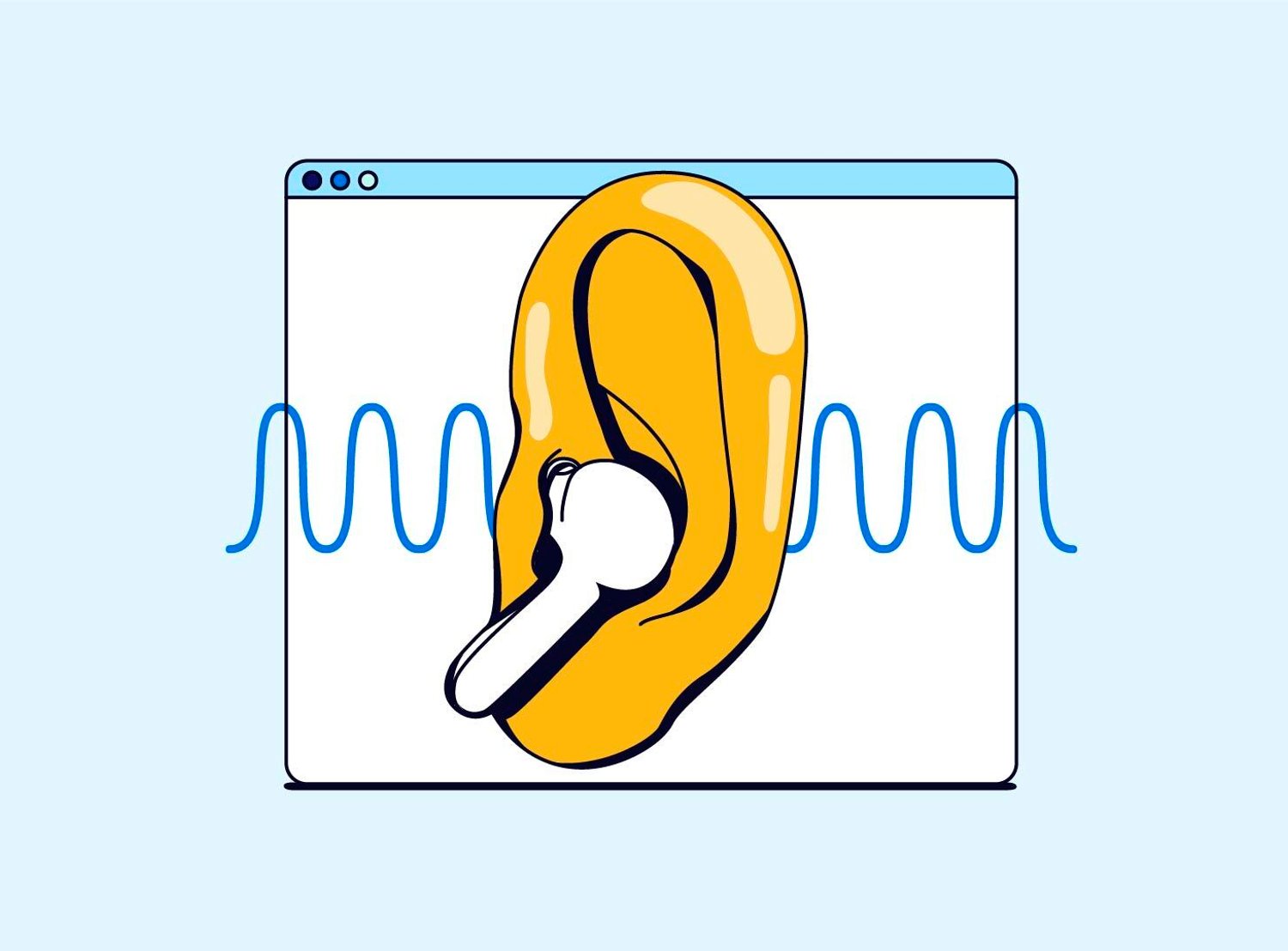Graphic of an airpod in a giant yellow ear, placed over an internet browser window screen and frequency waves, to represent "audio".
